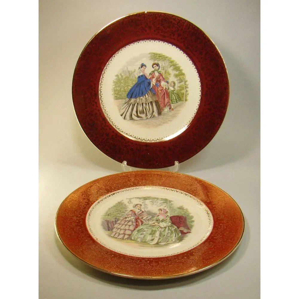 Two 23 Karat Gold trim Vintage Salem Victorian Women Dinner Plates